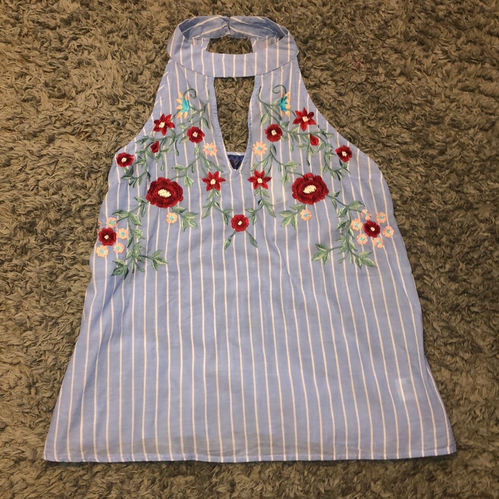 Francescas Floral and Striped Keyhole Top